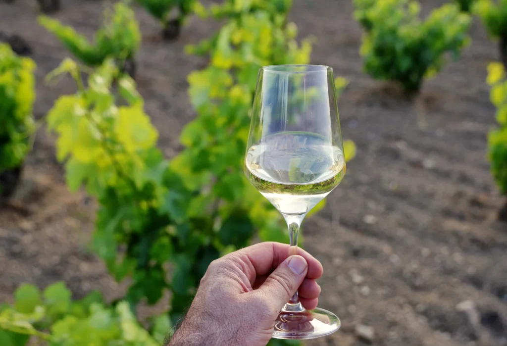 Copa de vino blanco rodeada de hojas del viñedo