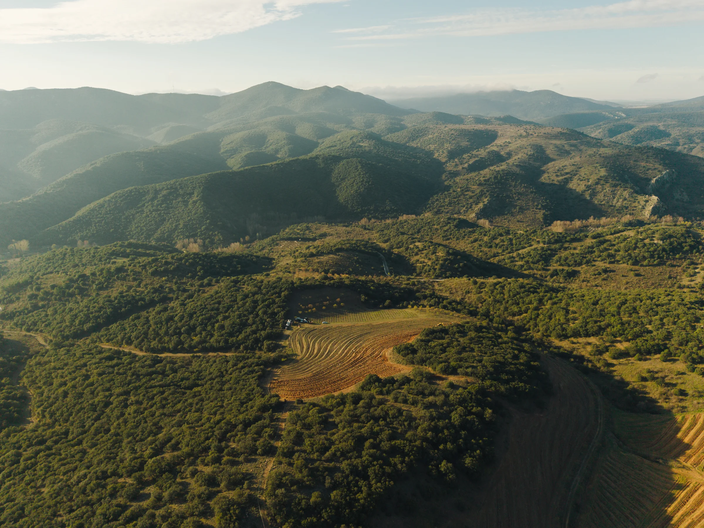 Paisaje de la finca entre laderas y viñedos